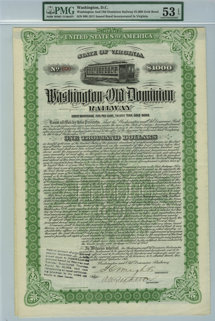 Washington and Old Dominion Railway - $1,000 Uncanceled Gold Bond